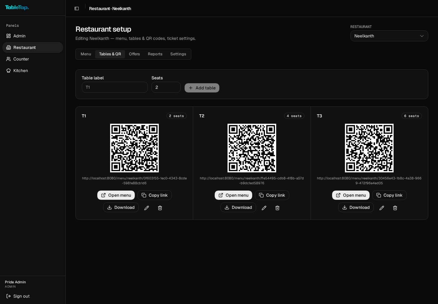 TableTap tables and QR codes panel with per-table menu links