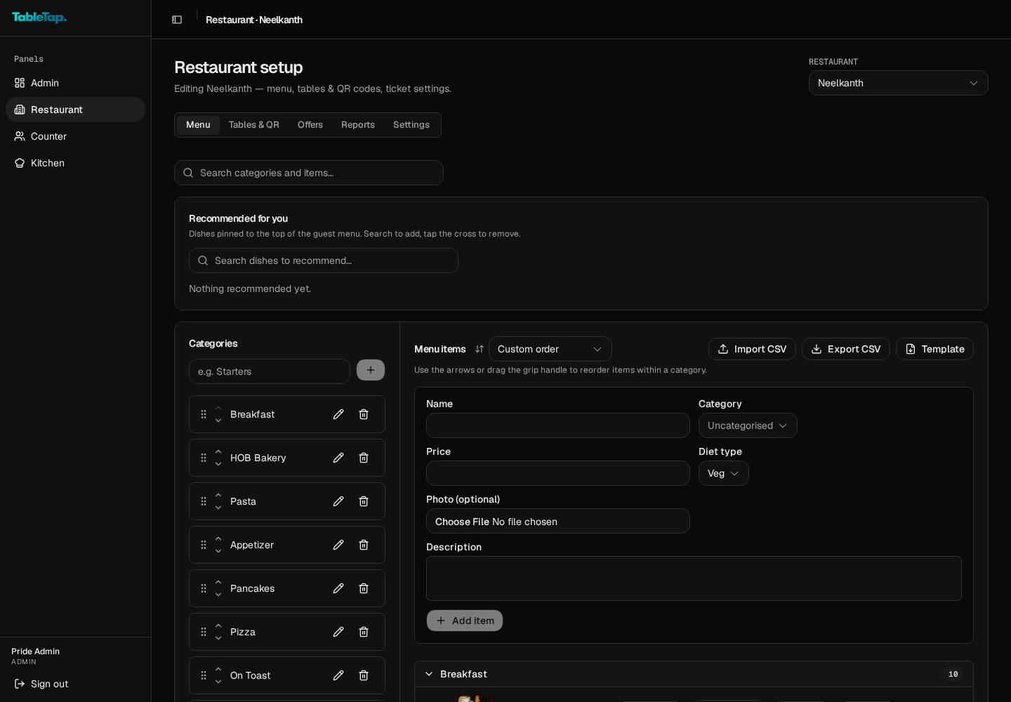 TableTap restaurant setup with categories and menu items grouped per category
