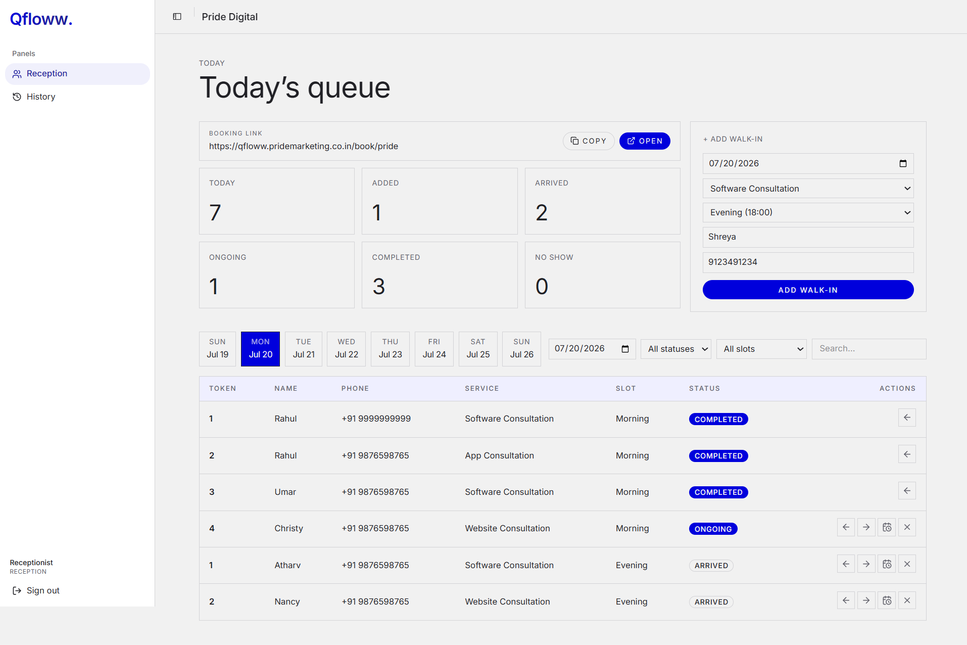 TableTap reception dashboard showing today's queue and add walk-in panel