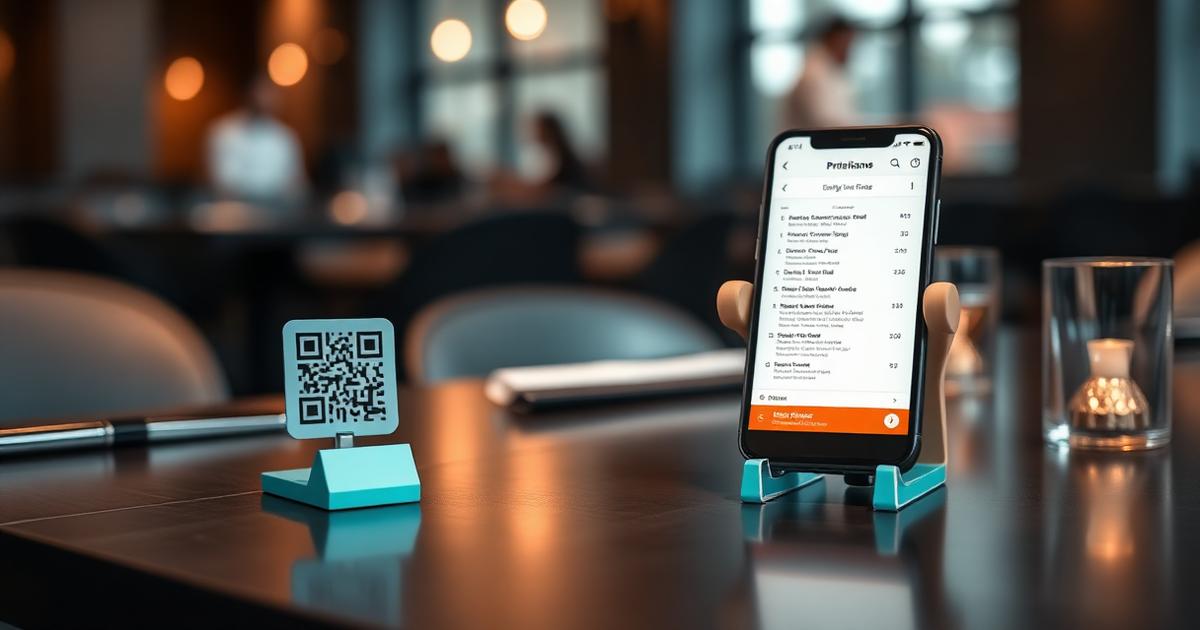 QR code stand and a smartphone showing a digital menu on a restaurant table